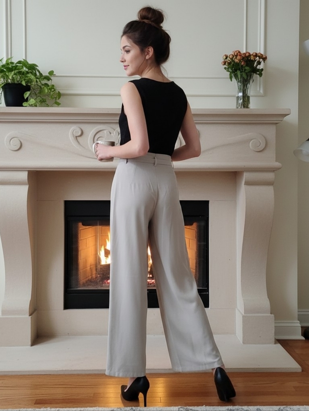 SHEIN Tan Super High‑Waist Wide‑Leg Pants w/Matching Bow Belt – Size XS - Picture 2 of 10